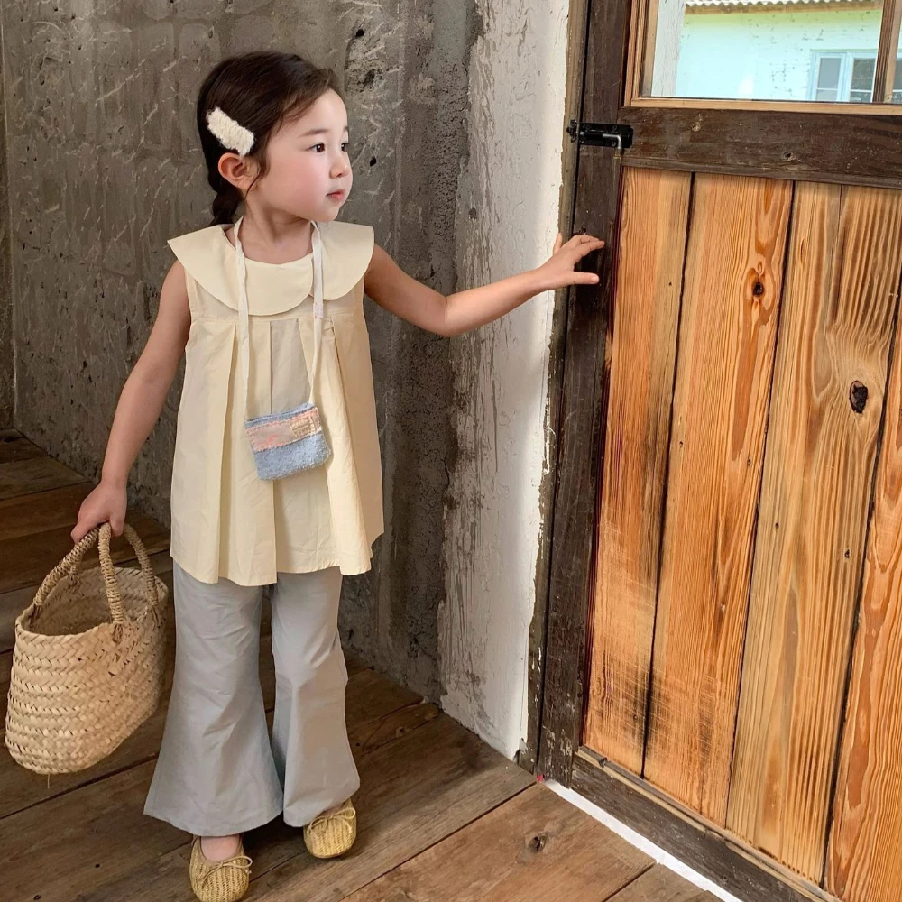 여아 불규칙 칼라 민소매 셔츠, 단색 상의, 한국 스타일 아동복, 여름 신상, 2024