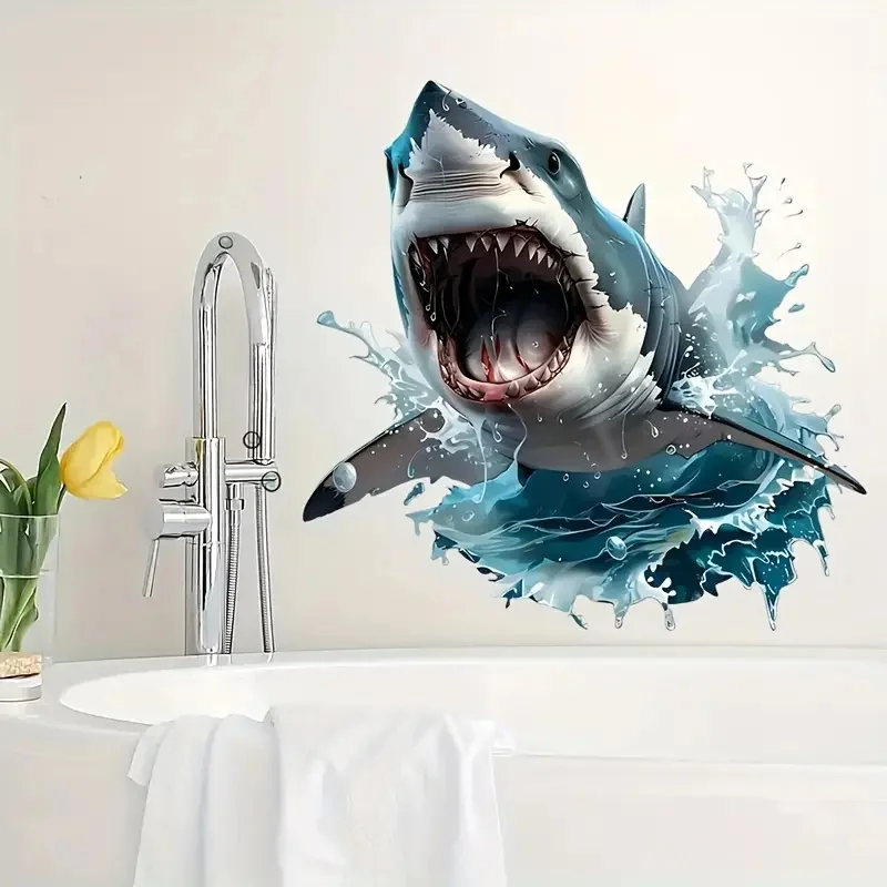 3D Shark Wall Decal Waterproof Self-Adhesive Sticker Bathroom Bedroom Decor Art Wallpaper