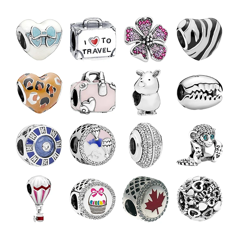 

Женские серебряные бусины 925 для браслетов, подвески «сделай сам» в виде белого сердца, воздушных шаров, сумок для путешествий, цветов, кофе, Рино, обезьяны, листьев