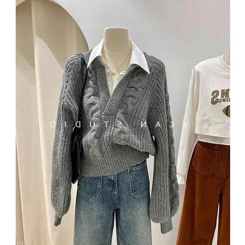 

2023 New Arrival Autumn Women Loose Fit Casual Long Sleeve Turn-down Collar Pullovers Blouse Patchwork Knitted Sweater V750