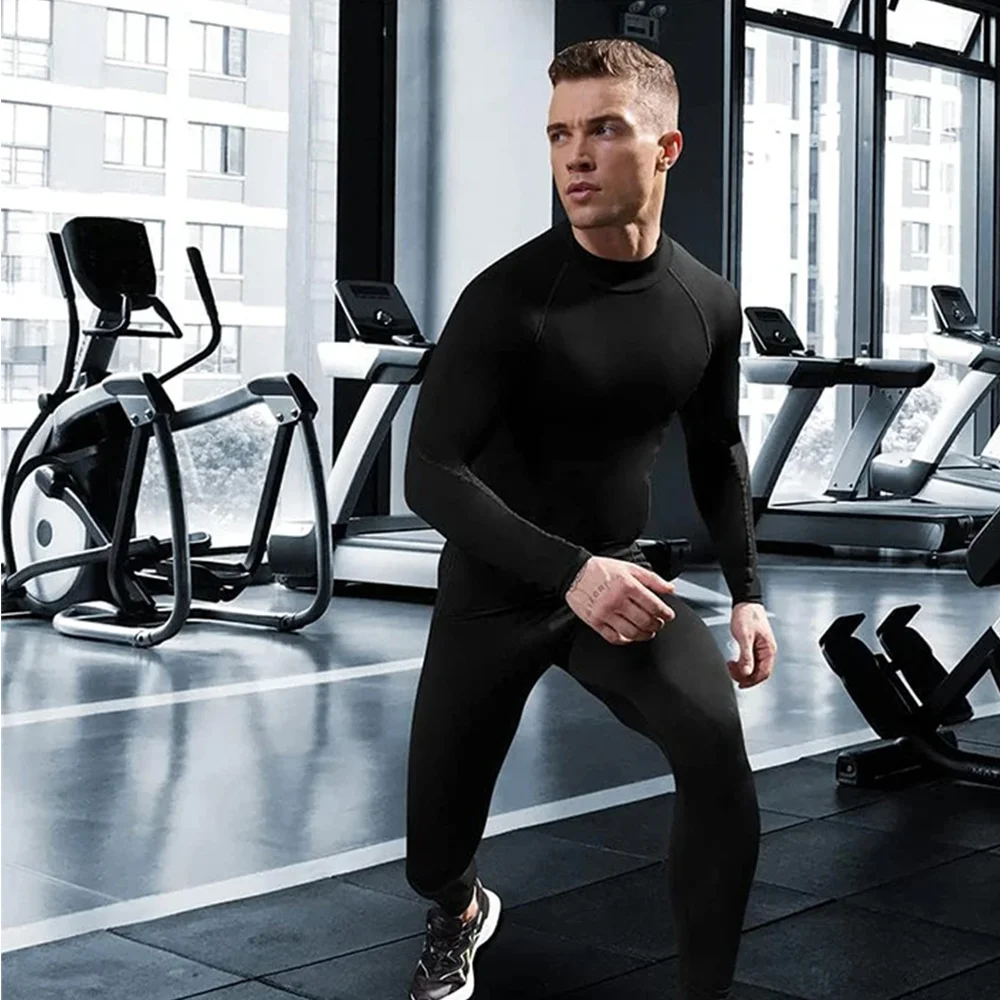 T-shirt sportiva da uomo a collo alto, ad asciugatura rapida, per bodybuilding e corsa, a maniche corte, compressione, top da palestra, fitness, aderente. - immagine 5