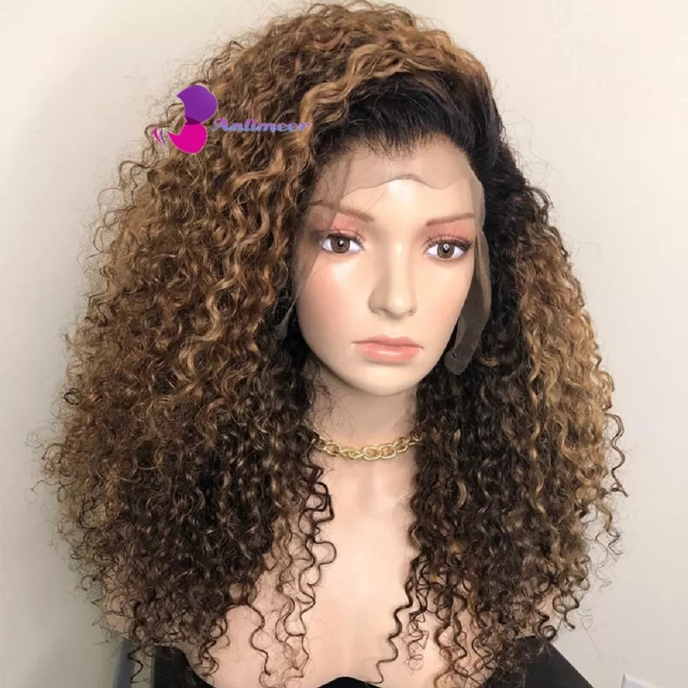 

Left Side Part Brazilian Human Hair Wigs Highlight Honey Brown Color Curly Afro Wig Silk Base Lace Front Wigs for Black Women
