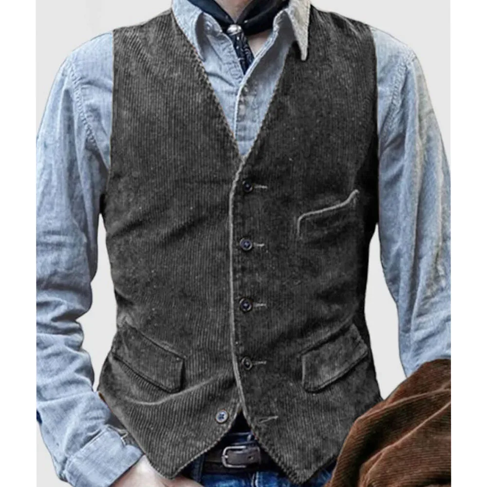 Men Corduroy Vest Slim Waistband Single-breasted Outside and Inside Waistcoat Jacket Suit
