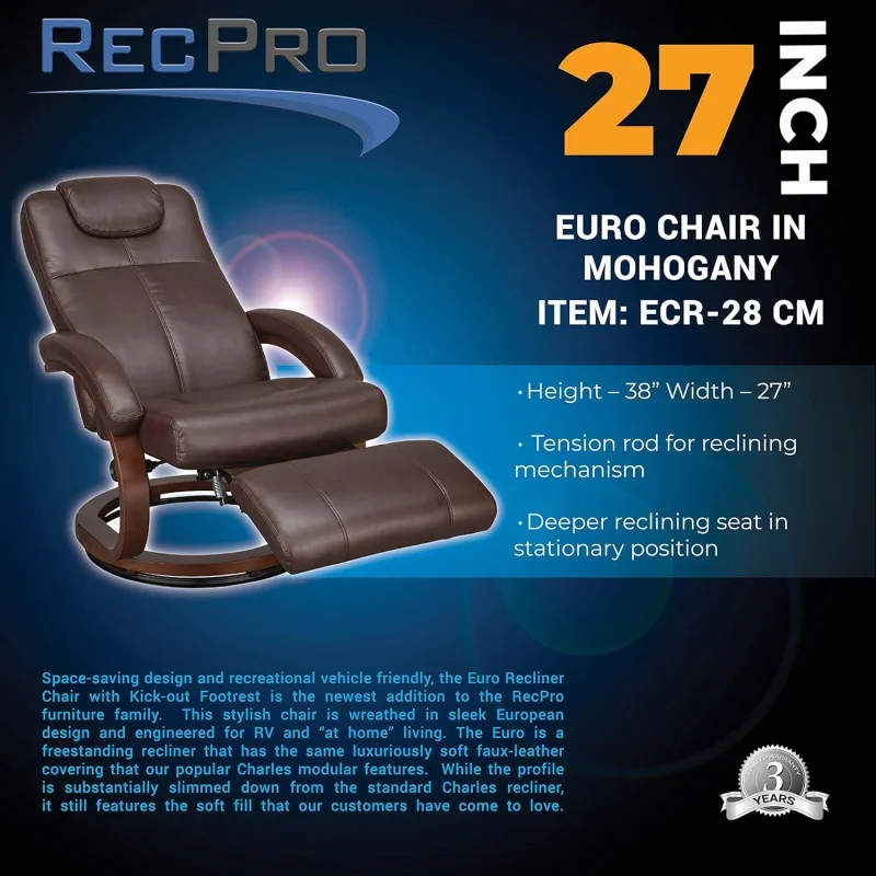 Charles 28" RV Euro Chair Recliner Modern Design RV Furniture (2, Mahogany)