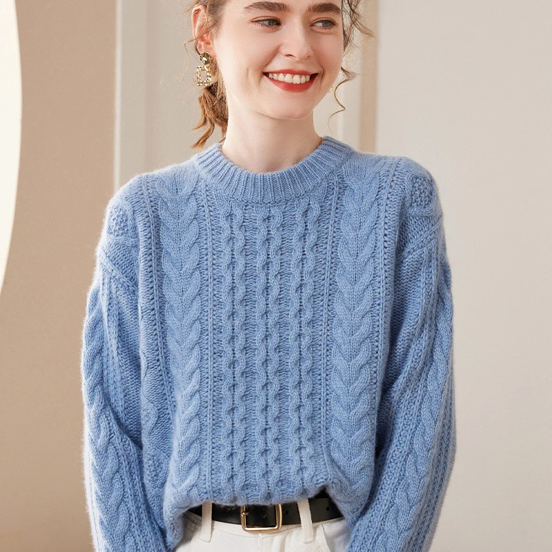

2024 Autumn and Winter New Thick Round Neck 100 Pure Cashmere Sweater Women's Loose Koreweater Topan Warm Pullover