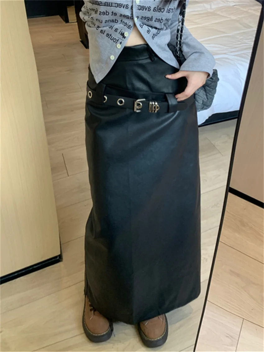 Arazooyi Daily Long Skirts Women Retro Slim Bodycon Chic High Waist Streetwear Elegant 2023 Slim New Office Lady Faux PU