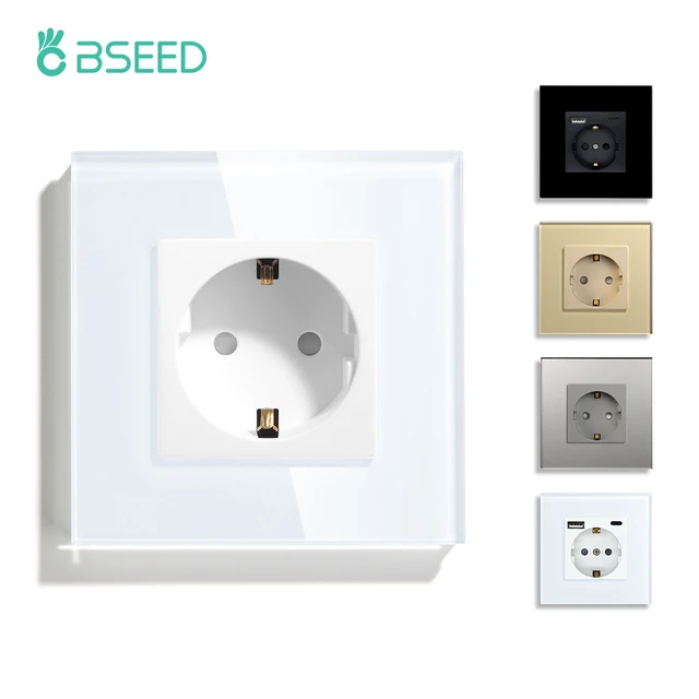 Presa a muro standard UE BSEED Presa elettrica con pannello in cristallo di vetro singolo bianco nero dorato Presa 16A 110 V - 240 V 1