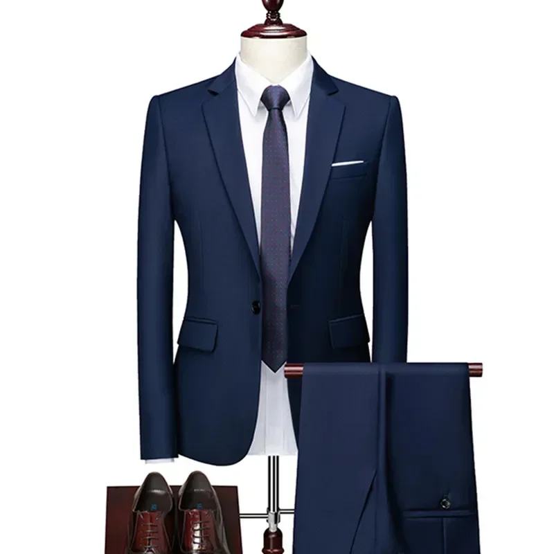Spring Autumn Fashion New Men's Business Casual Solid Color Suits / Male One Button Blazers Jacker Coat Trousers Pants