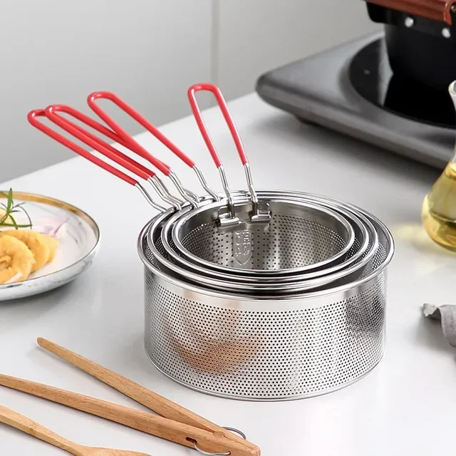 Cestino per friggere da cucina in maglia fritta in acciaio inossidabile 304 Cestino per friggere Padella per olio Colino Cucchiaio per noodle Colino Patatine fritte 3