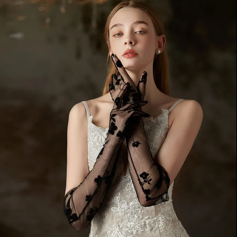 WG126 Elegant Bridal Long Gloves Soft Tulle Black Embroidered Flowers Finger Elbow Wedding Pageant Prom Gloves