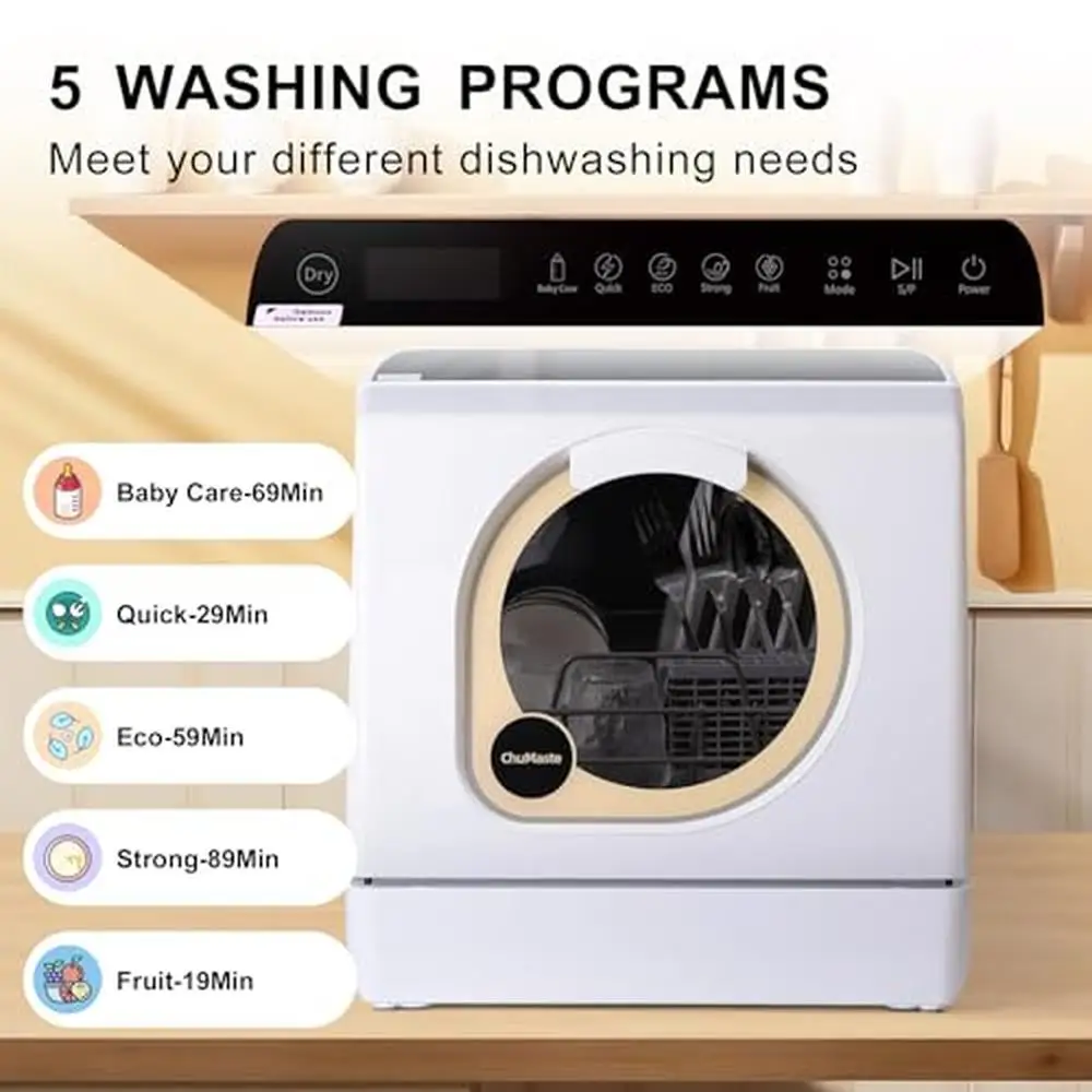 Portable Compact Dishwasher with 5 Washing Modes LED Touch Panel Control and Dual Spray Arms Water Tank Included 2