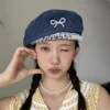 Denim Pearl Bow Kont Beret Cap Korean Vintage Y2k Lace Hat Summer Designer Female Thin Denim Beach Travel Sunscreen Painter Cap 1