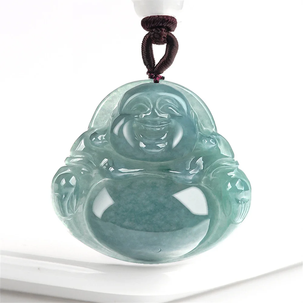 

Retro Natural Ice Green Jadeite Carved Classic Buddha Lucky Pendant Amulet Necklace Certificate Luxury Jade Vintage Gift Jewelry