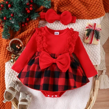 Newborn Baby Girl Christmas Romper Dress Ruffle Long Sleeve Plaid Jumpsuit Skirts Hem Bodysuit with Headband Outfit 1