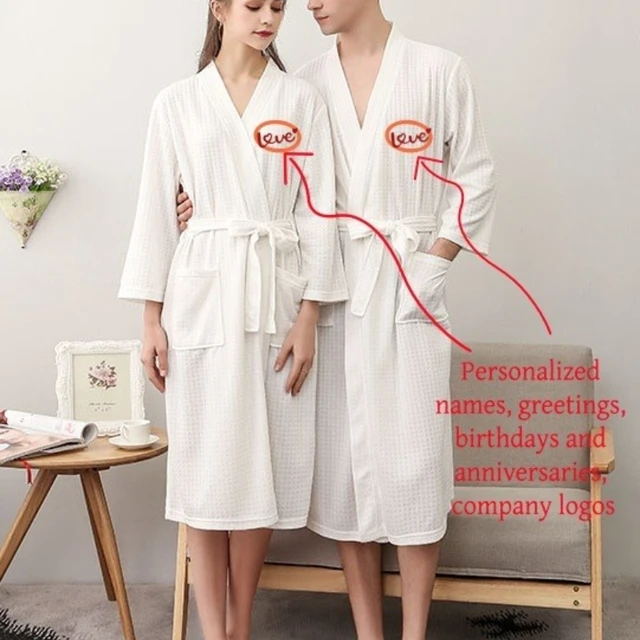 Peignoir de couple personnalisé brodé avec noms et logo, vêtements d'intérieur, peignoir en tissu gaufré pour couples, robe de spa pour hommes et femmes