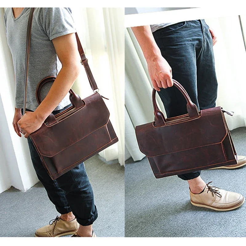 

Crazy Horse Leather Briefcase Bag For Men Cowhide Executive Office Handbag Tote Business Shoulder Document Vintage Messenger Bag