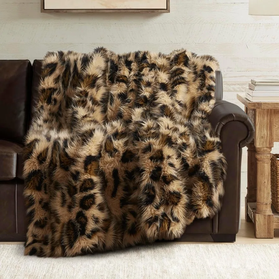 Luxury Faux Fur Throw Blanket with Fluffy Leopard Pattern for Home Decor Cozy Fuzzy Plush Throw for Couch and Bed Soft Animal C