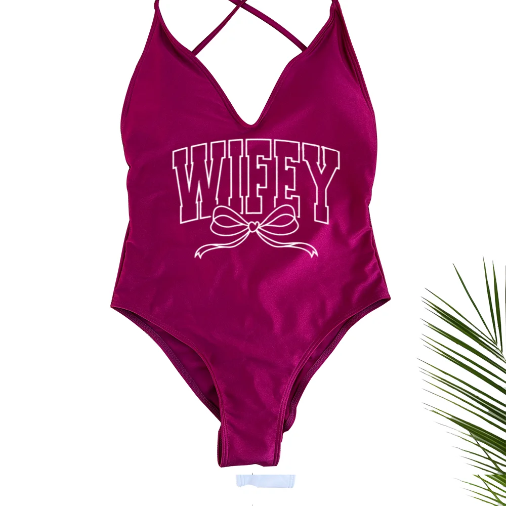 Wifey One Piece Swimsuit Women Bow Swimwear 2026 New Bikini Sexy Bodysuit Bathing Suit Swimming Suit maillot de bain femme