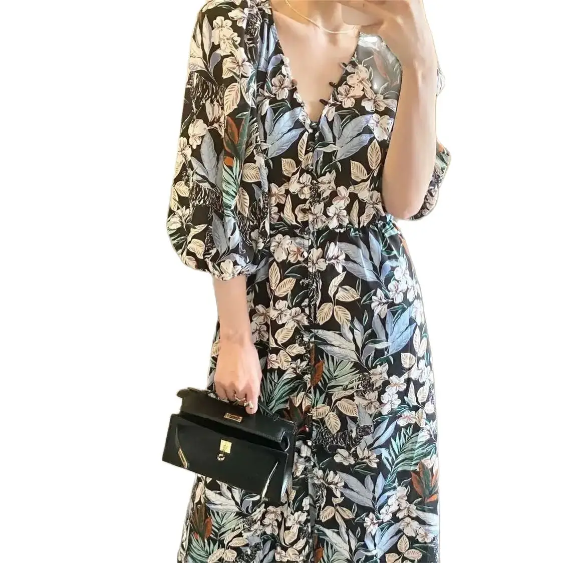 

2024 New Summer Floral V-neck print Half Sleeve high waist Dress Women Summer pattern Waist Slit travel Dress Vestidos WV169