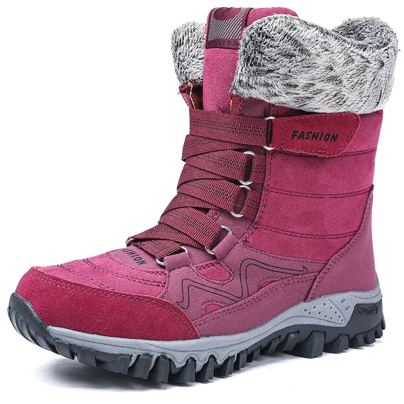 Genuine Leather Waterproof Women Snow Boots With Plush Fashion Antiskid Winter Shoes Size 35-42