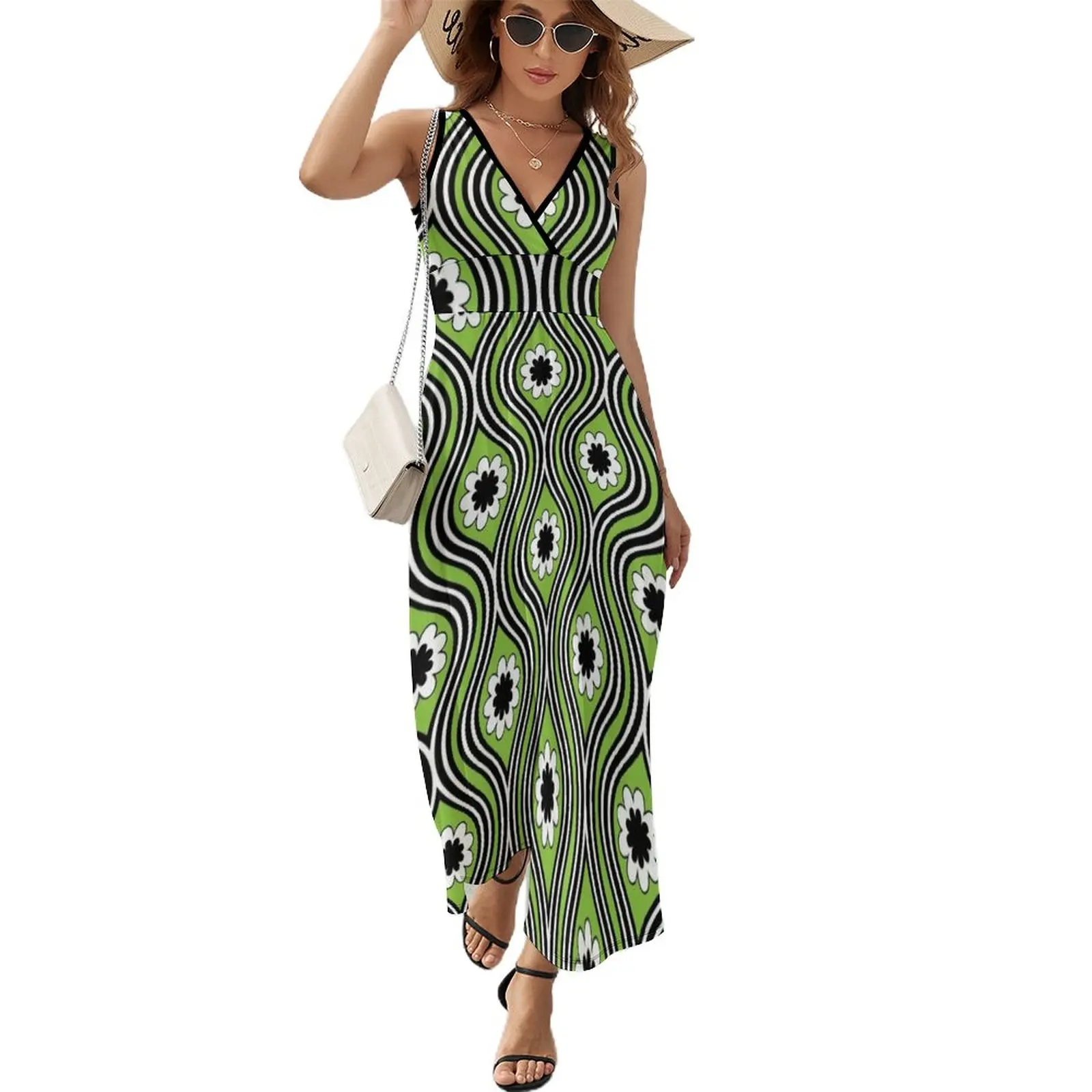 

1960s Retro Funky Floral Green Flower Power Hippie Sleeveless Dress prom dresses 2023 women dress