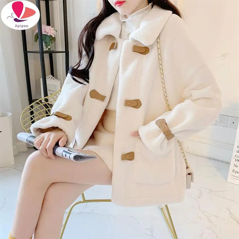Apipee Ropa Mujer Cappotto Di Lana Di Pecora Moda Coreana Cappotto Invernale Da Donna Tutto-Fiammifero 2024 Giacca Morbida E Calda Cappotto Di Montone