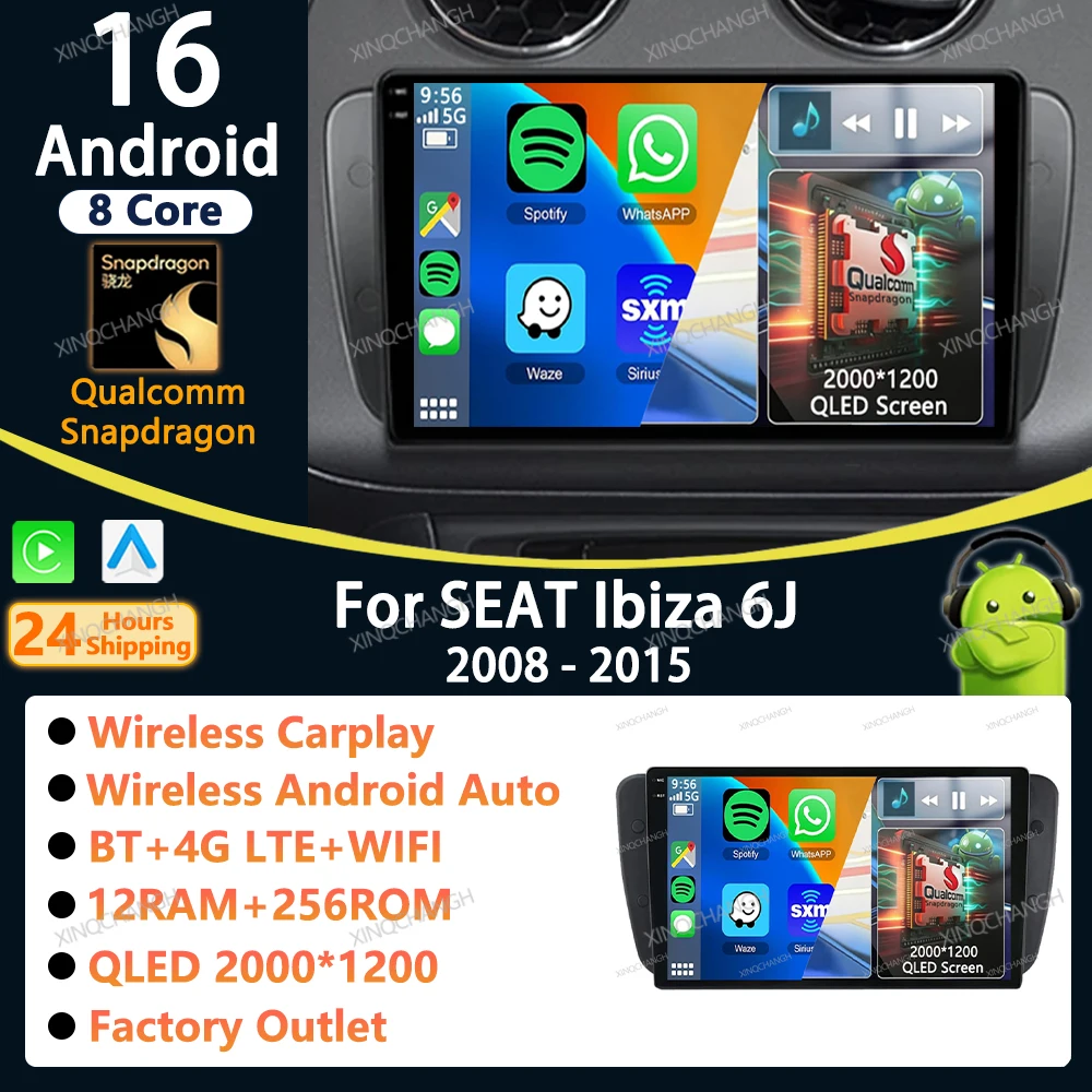 Autoradio Android 16 con Carplay per SEAT Ibiza 6J IV 4 2008 - 2015, BT GPS 4G LTE 5G WIFI, Unità di Navigazione QLED 2DIN