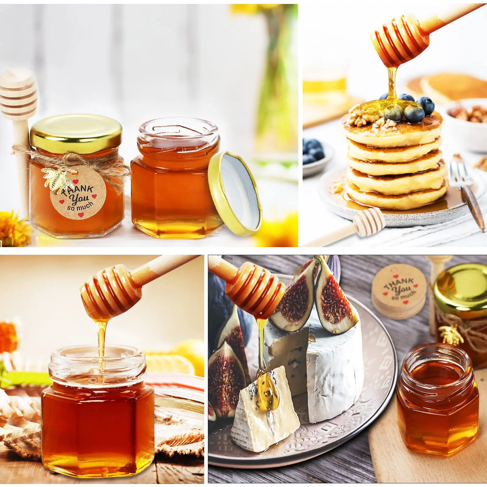 Hexagon mini honey jars with gold lids, wooden dippers, bee charms, and jute twine. Perfect for baby showers, 20-pack.