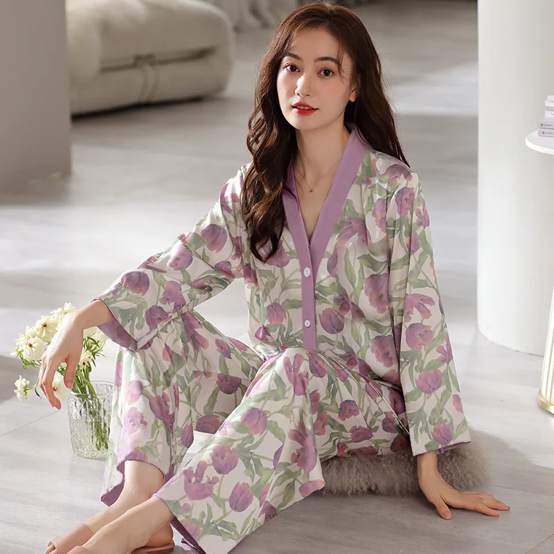 Spring Autumn Women's Thin Milk Silk Pajamas V-Neck Long Sleeve Cardigan Pants Oversized Loose Casual Print Home Clothing Set