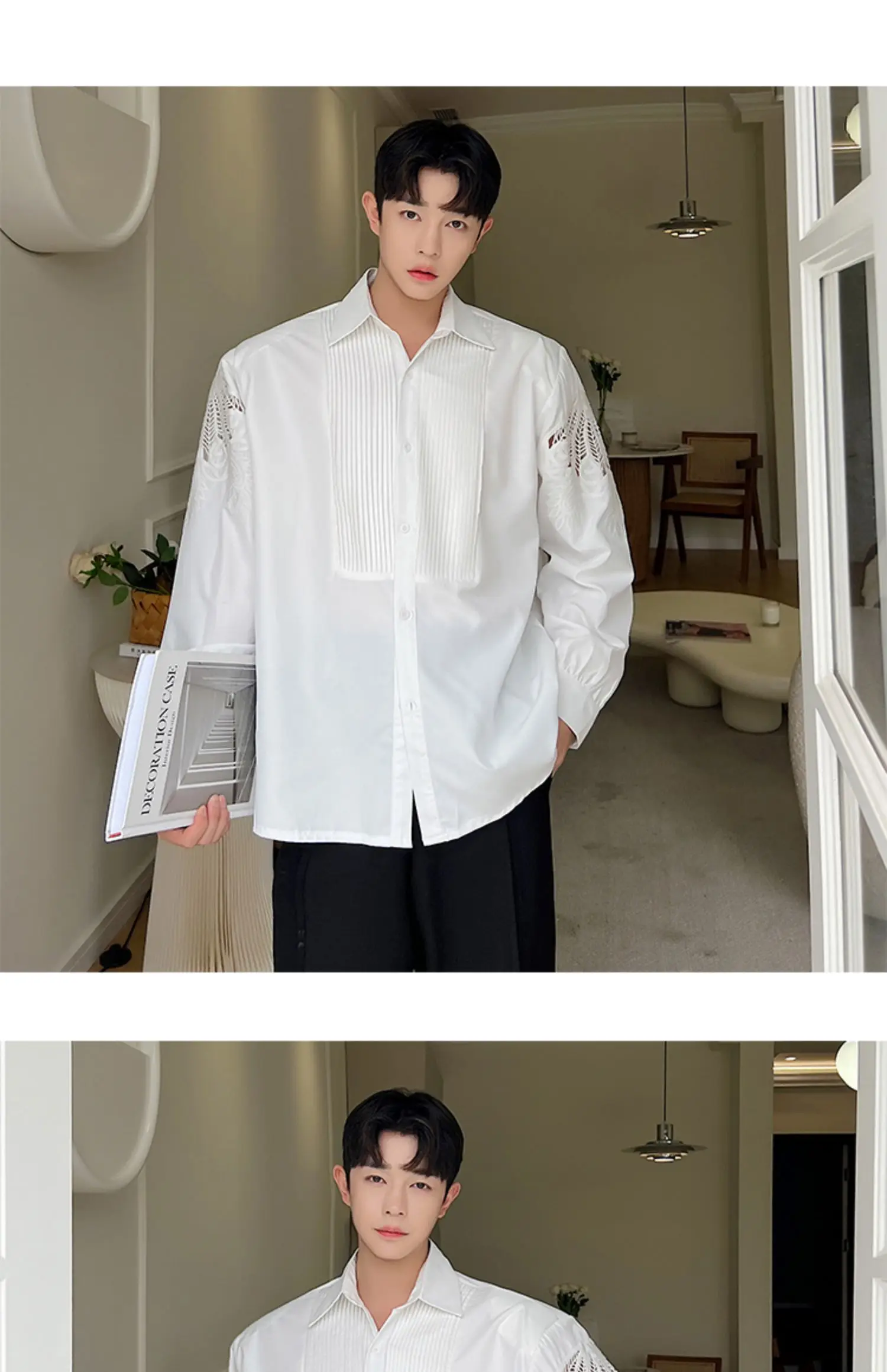 Description Picture 2 of itemSenior Embossing Hollow Sleeve Men Blouse Elegant Shirts Pleated Stitching Office Work Business Formal Tops Design Streetwear