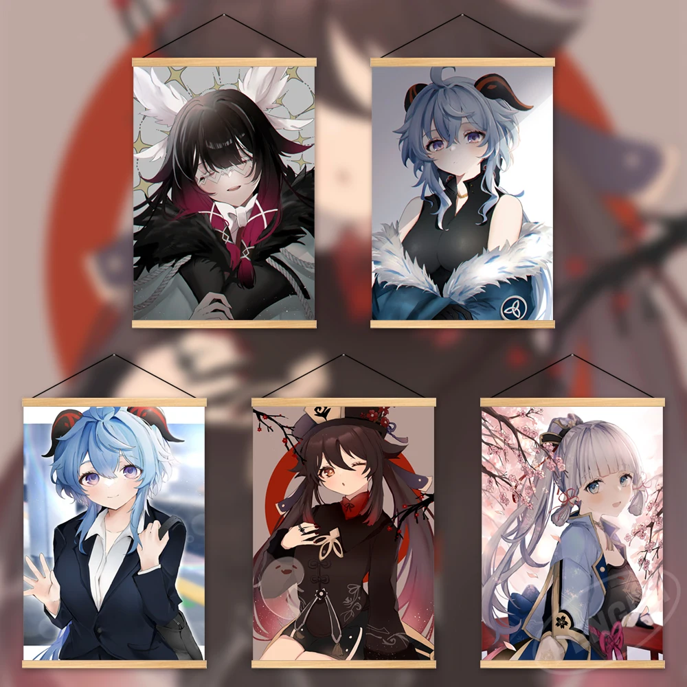 

Canvas Genshin Impact Modular Wooden Hanging Anime Prints Sangonomiya Kokomi Painting Decor Home Hu Tao Poster Wall Art Pictures