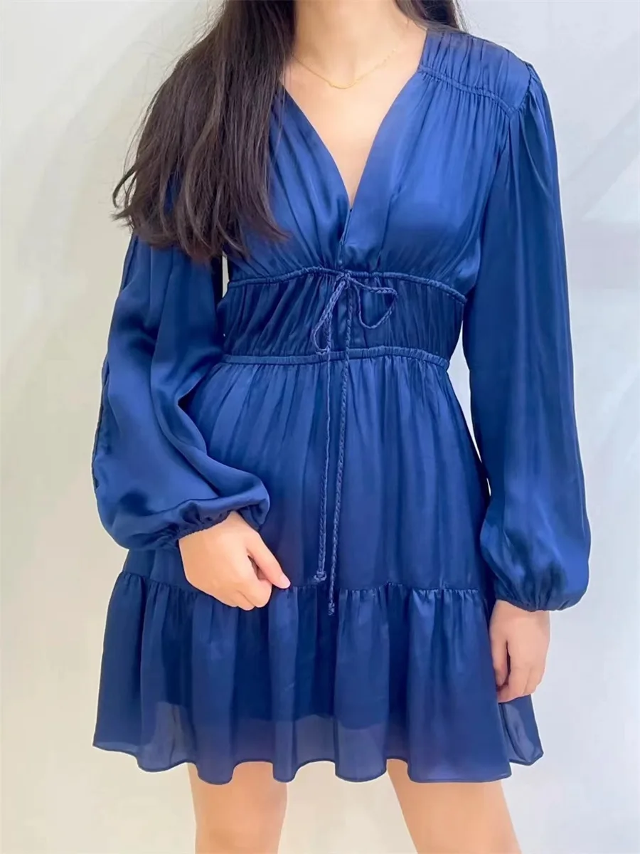 

2024 Spring and Summer New Drawstring Lantern Sleeve Ruffled V-neck Short Dress