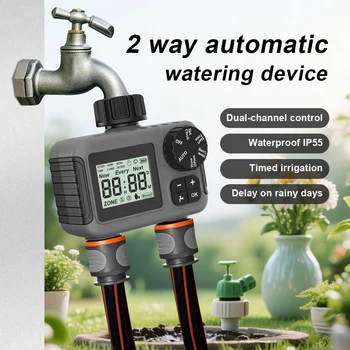2-Outlet Mini Garden Water Timer Auto/Manual Intelligent Irrigation Watering System Sprinkler Timer Programmer LCD Display 1