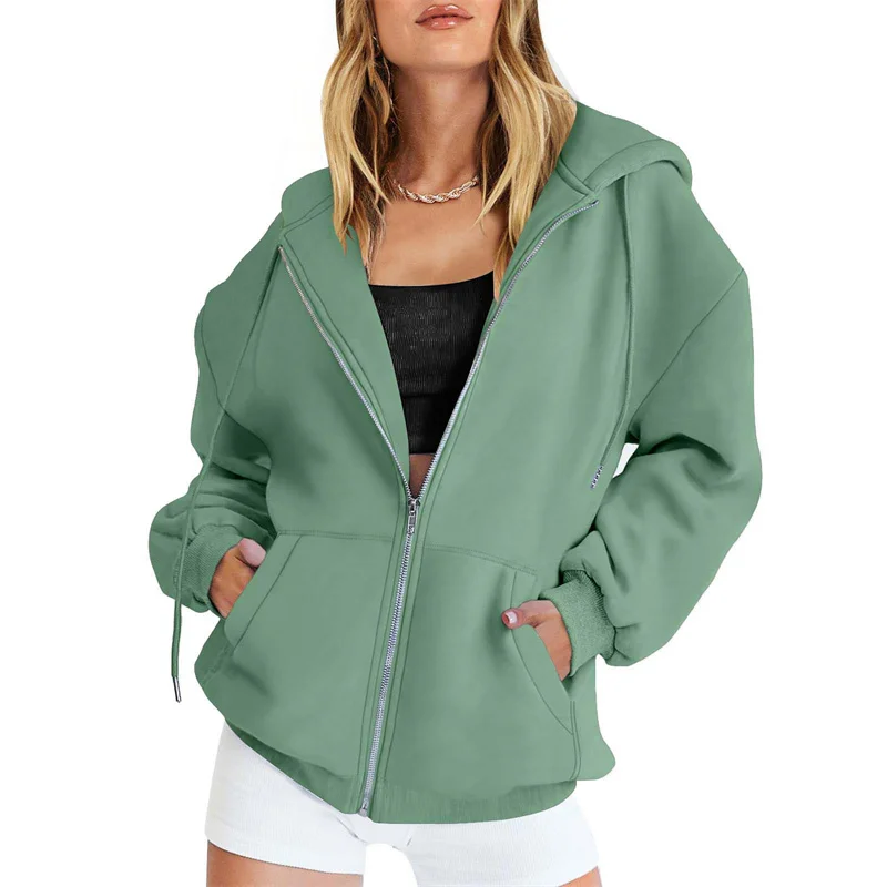 Autumn Winter Zipper Cardigan Hooded Sweatshirt Women Sporty Style Splice Double Pocket Hoodie Female Casual Thickened Warm Tops
