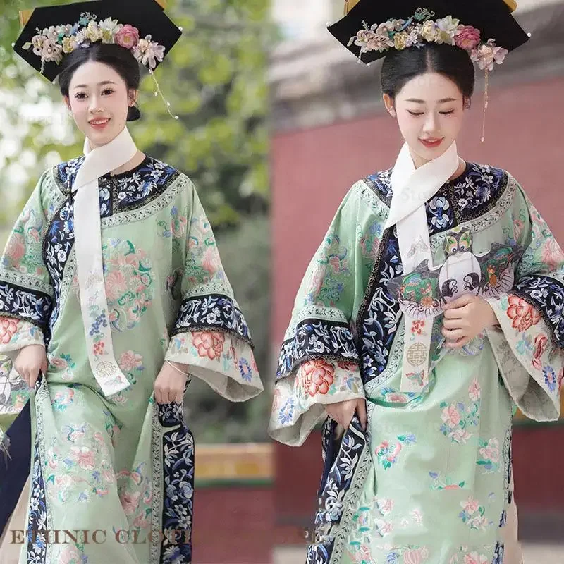 Chinese Hanfu Qipao Qing Dynasty Princess Gege Cheongsam Dress Printed Fower Ancient Clothes Folk Dance Dress Cosplay Costume