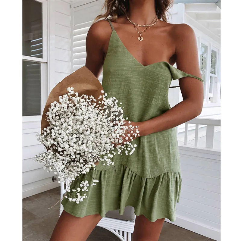 

Sexy Summer Women's V-neck Solid Color Sleeveless Mini Dresses Fashion Vestidos Verano 2024 Mujer Fiesta Elegante Green 원피스