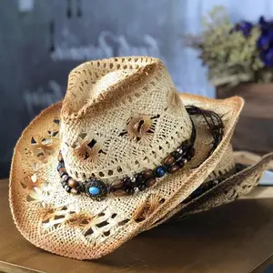 2F040A summer western cowboy raffia grass Stetson Holiday Feather  Decoration fedoras hat Outdoor men women panama jazz cap - AliExpress