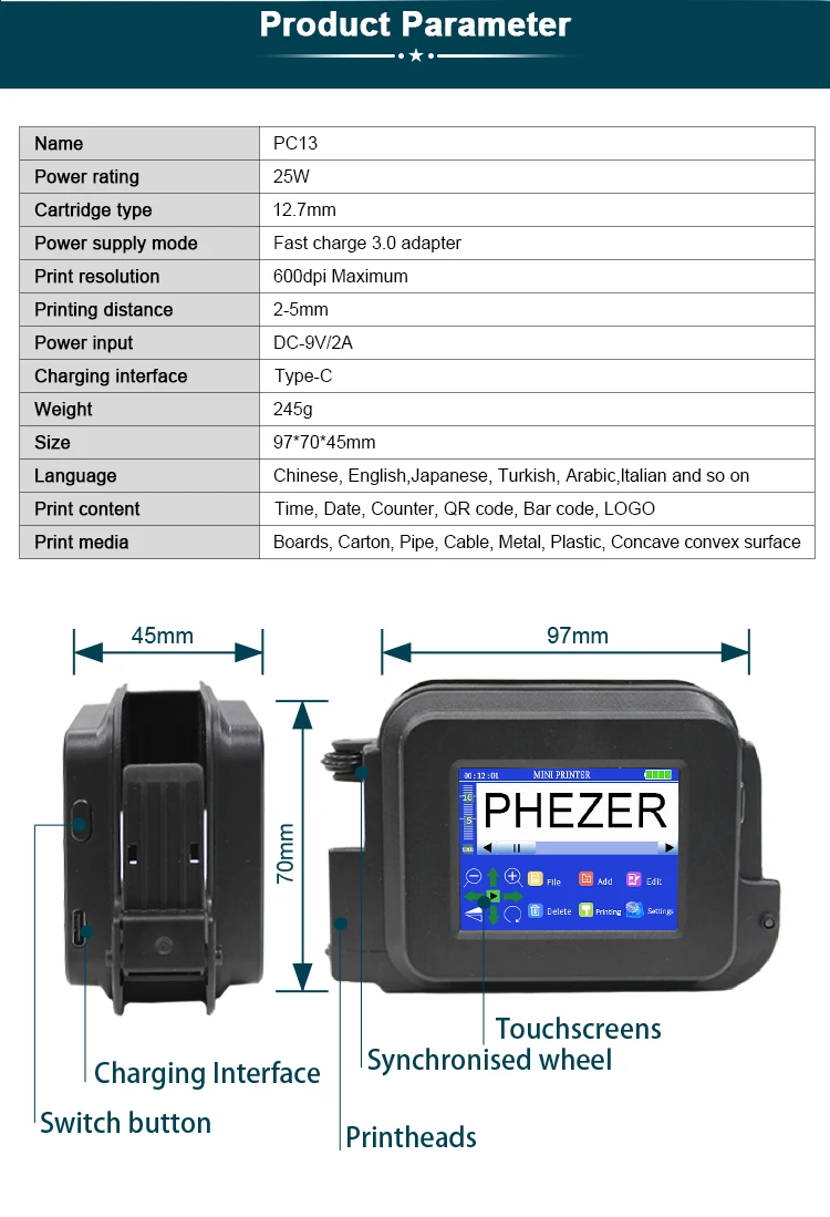 Black PC13Plus Mini Printer 28 Languages 12.7mm Portable Printer QR Bar Code Dat
