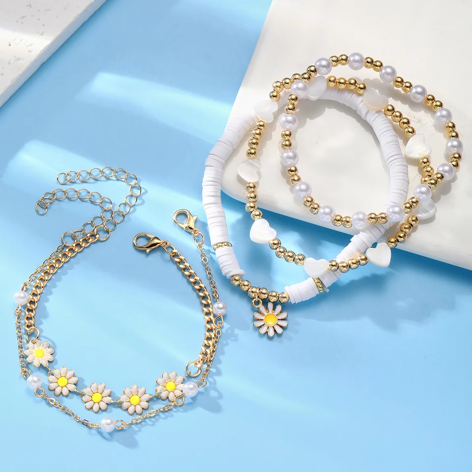 Daisy Flower Necklace And Bracelet Set For Women - Bohemian Enamel Daisy Choker And Bracelet Jewelry Set (Gold)