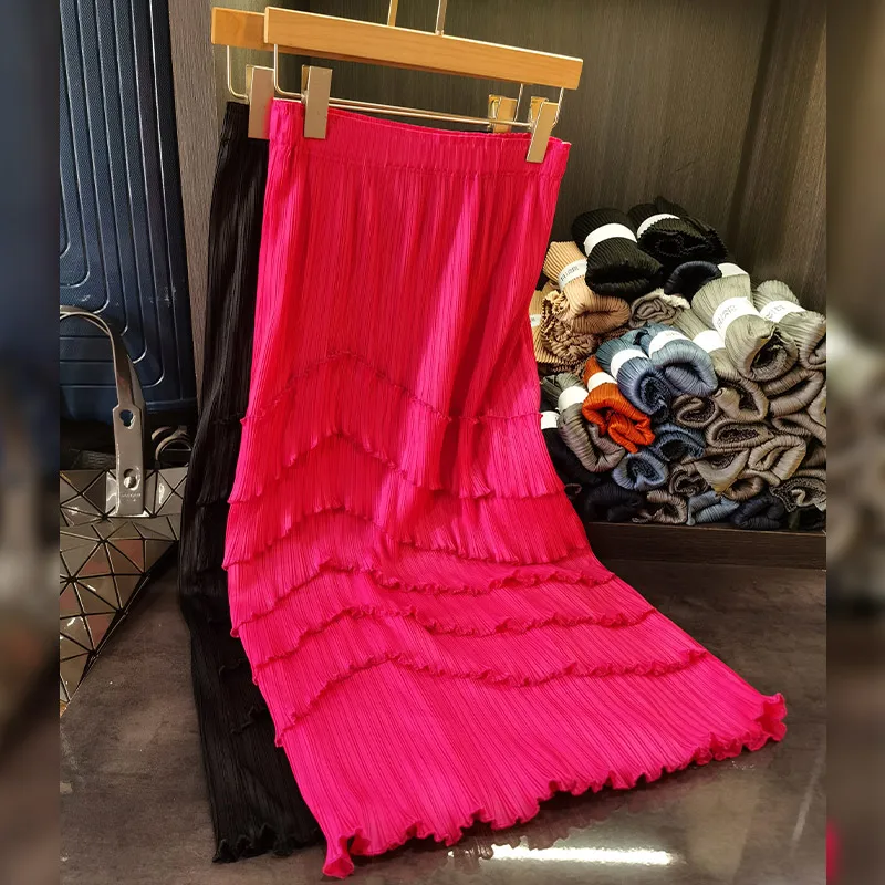 

High-end Miyake Wood Ear Edge Splicing Pleated Half Skirt Elastic Waist Hundreds of Matching Thin A-line Skirt Female Summer New