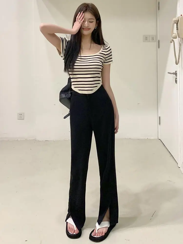 Black Casual High Waist Straight Loose Wide Leg Pant Women Spring