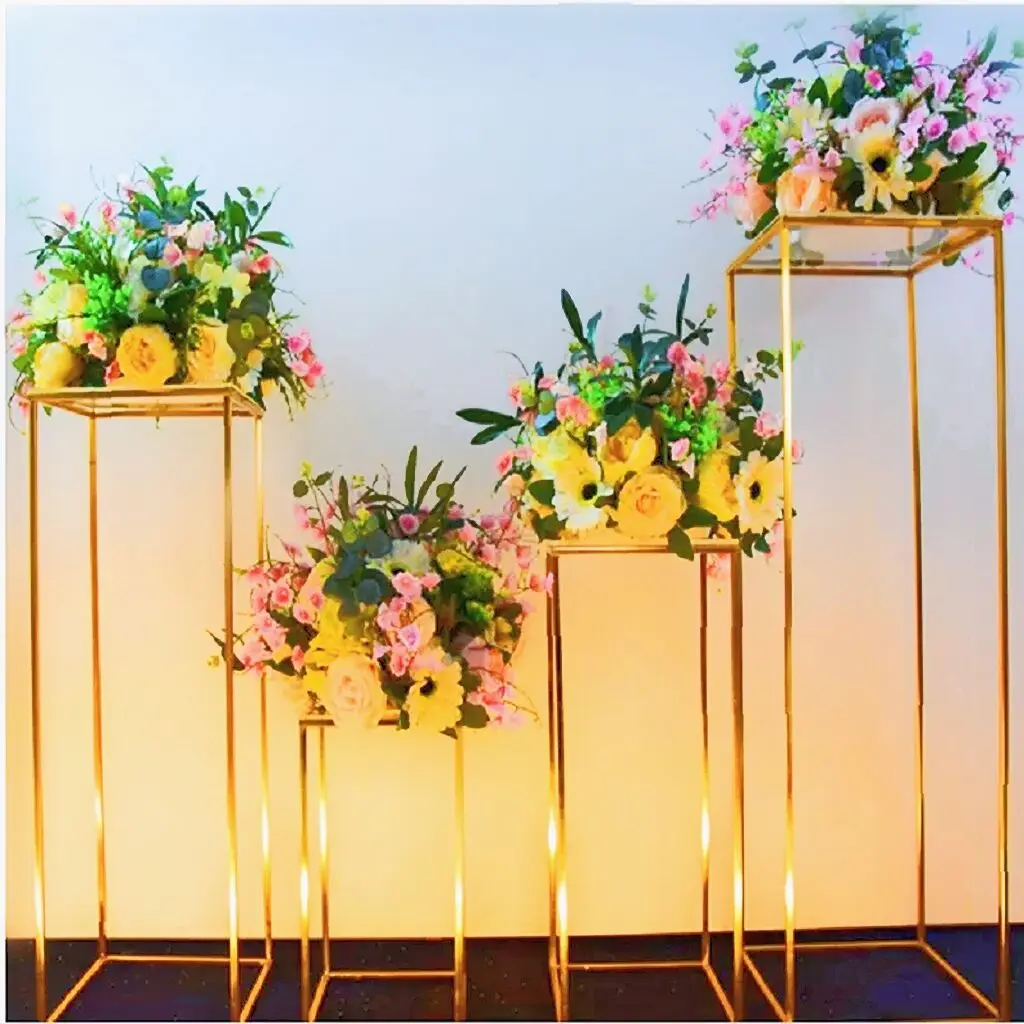 

4pcs Shiny Gold Iron Plinths Pillar Cake Holder Metal Frame Backdrops Wedding Centerpiece Flower Stand Home Crafts Rack Decor