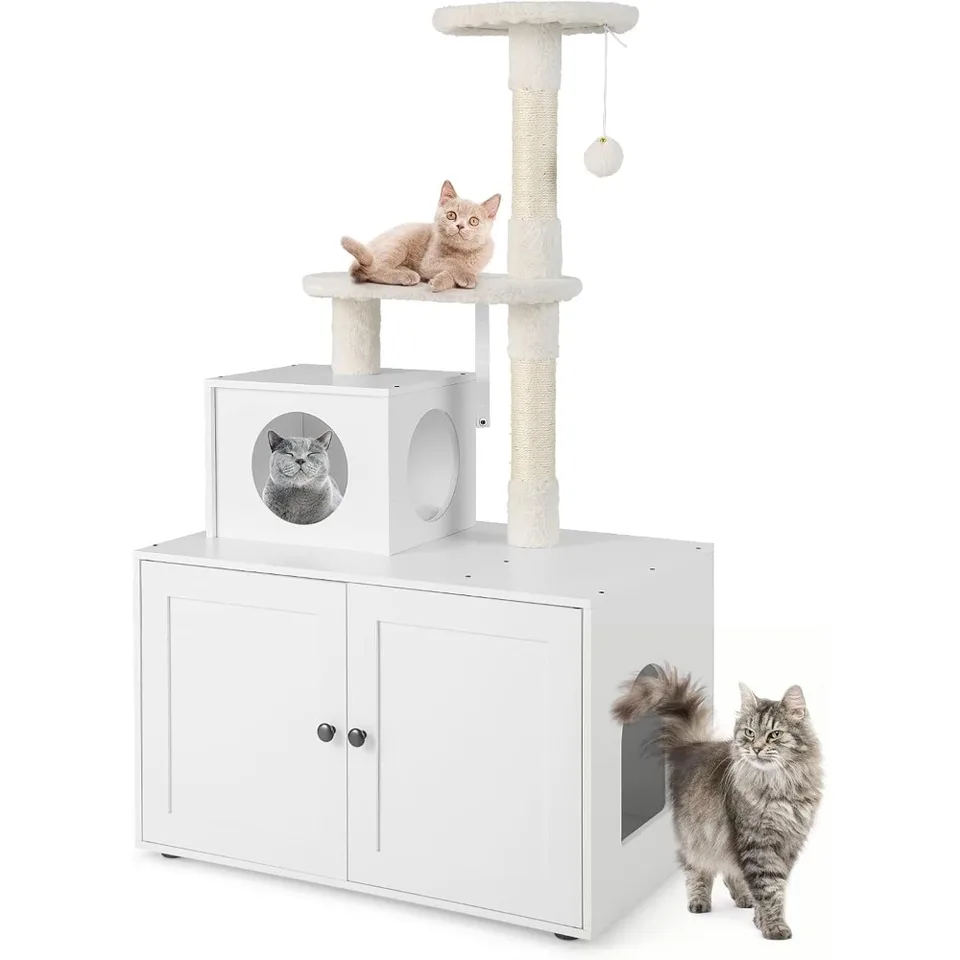 Wooden Cat Litter Box Enclosure with Cat Tree