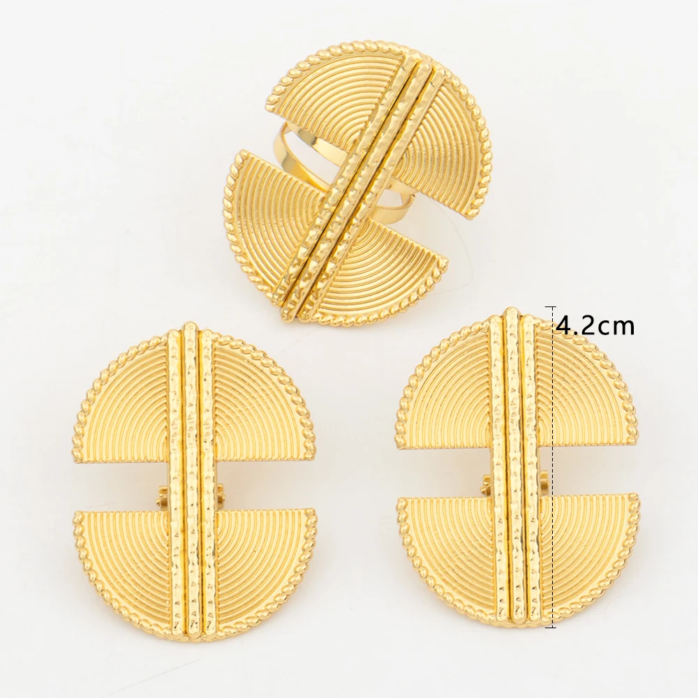 Fashion Jewelry Set Dubai Gold Color Luxury Flower Shape Adjustable Ring Round Earrings For Women Wedding Party Gifts Daily Wear - 3