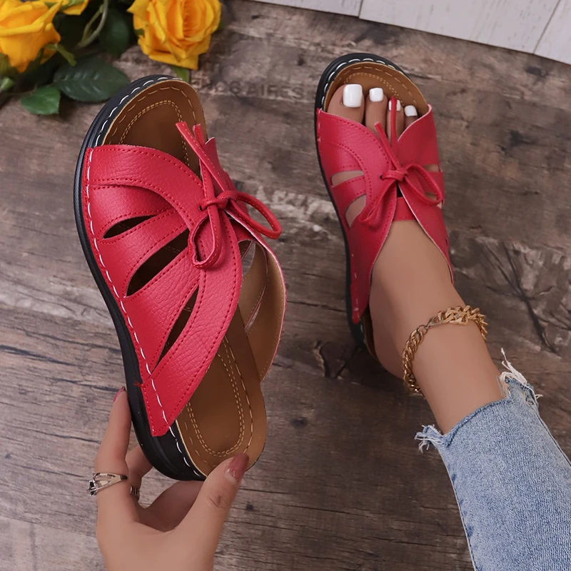 

New Women Fashion Summer Casual Flat Shoes 2023 Hollow Out Tied Detail Wedge Slippers Sandals