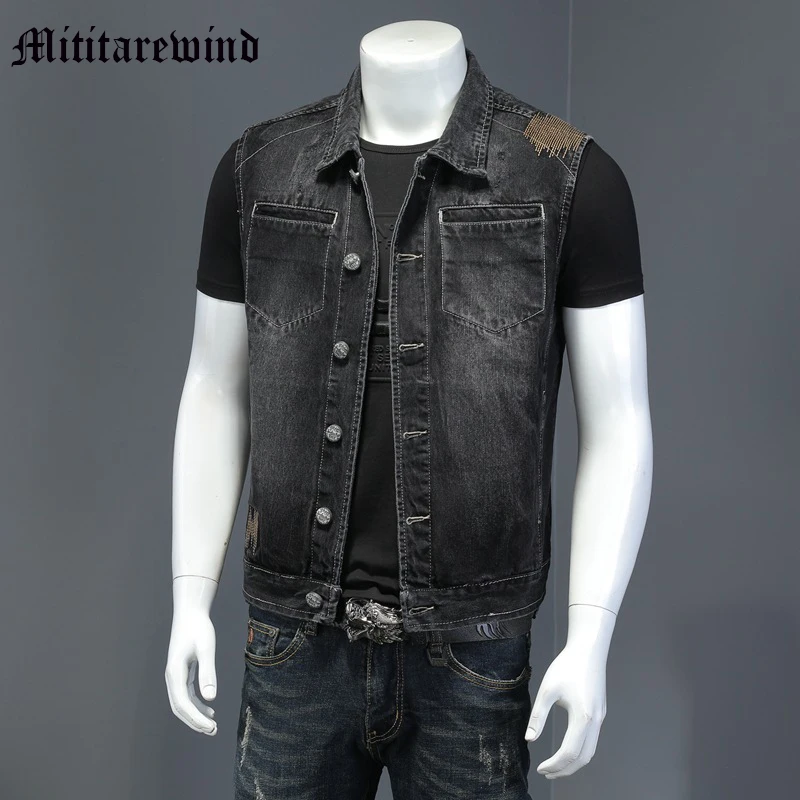 

Nwe Arrival Men's Vest Embroidery Black Slim Y2k Vibe Fashion Deni Jackets High Street Streetwear Versatile Coats Male Vintage