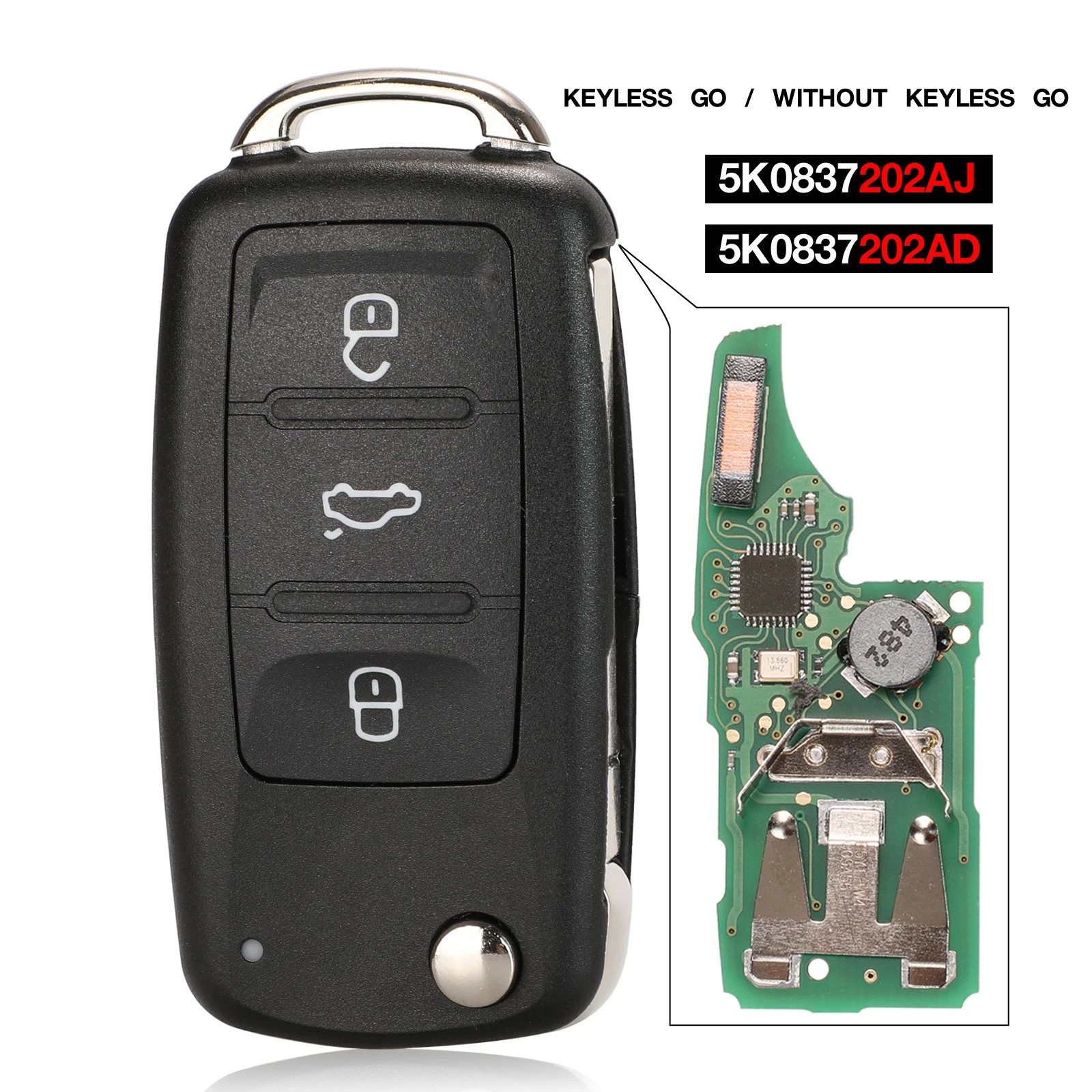Kutery keyless Go 5k0837202aj 3 ปุ่มกุญแจรีโมทสำหรับ VW แคดดี้ EOS กอล์ฟ Jetta ด้วงโปโล Tiguan Touran 5k0837202ad/