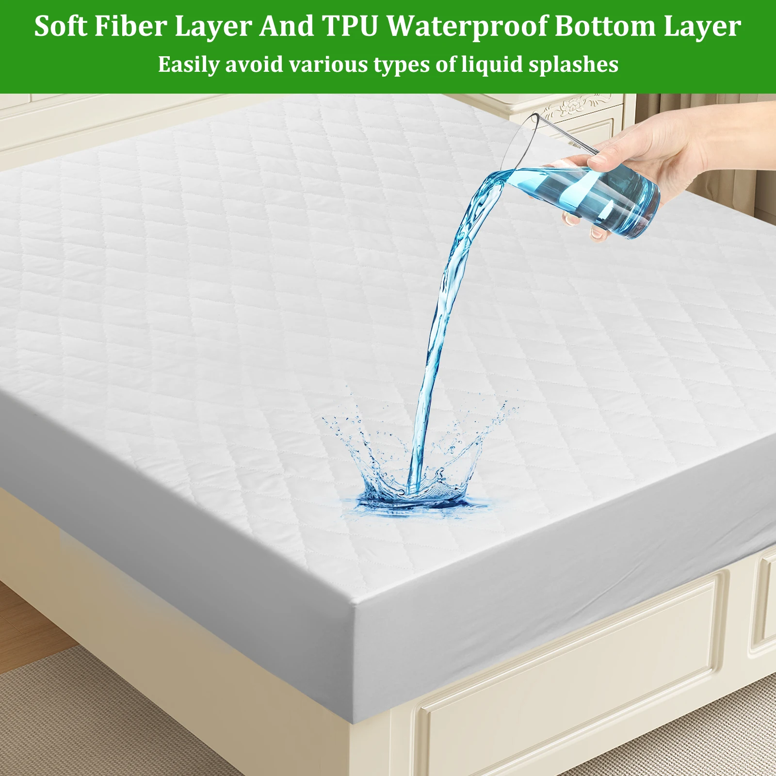 Waterproof Mattress Cover 150x200CM Queen Size Mattress Protector Cover with Elastic Bandage Breathable Washable Mattress Topper