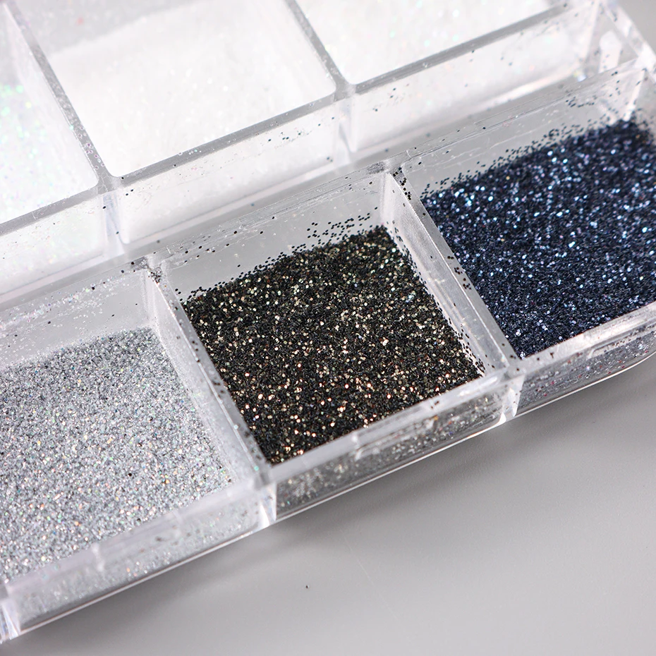 12 Grids Schwarz Weiß Nagel Glitter Pulver Glänzende Zucker Effekt Schillernde Chrom Flocken Pigment Staub DIY Designs Nail art Dekoration – Detail 7