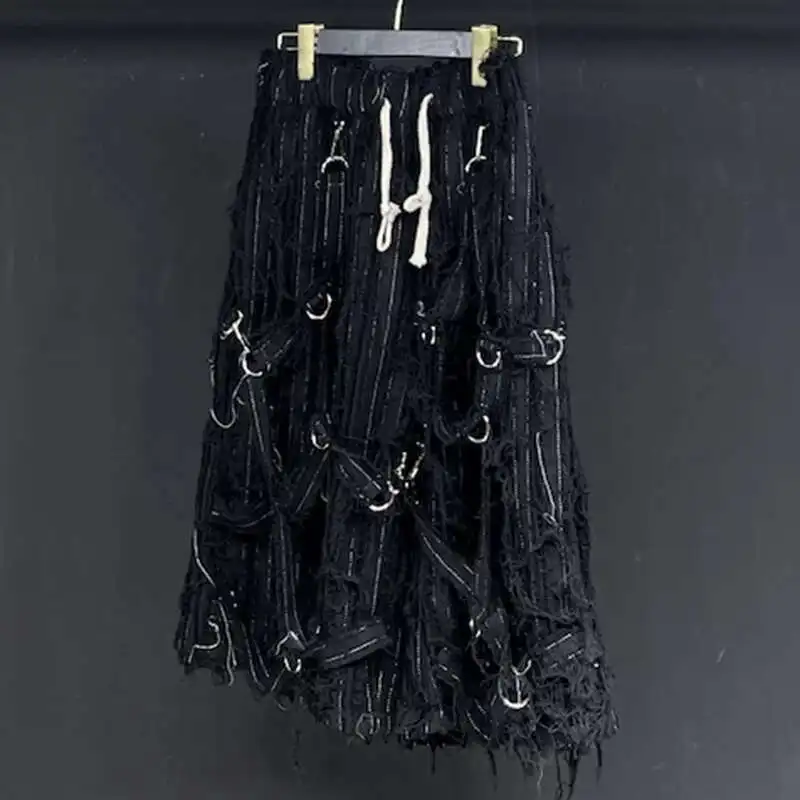 PFHQ Men's Rough Edge Denim Shorts Summer Elastic Waist Floating Rope Darkwear Advanced Personality Design 21Z5020